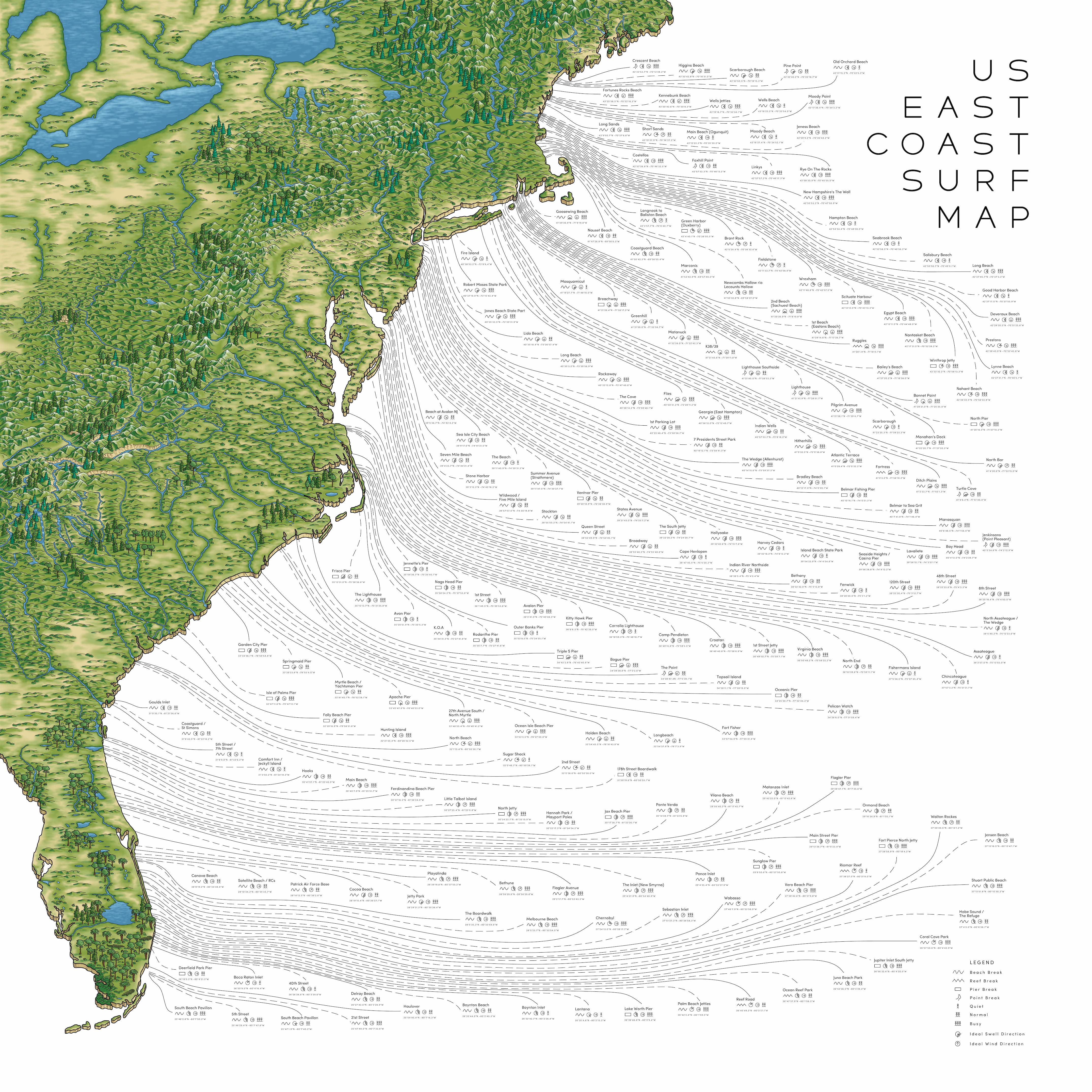 The US East Coast Surf Map - 212 Amazing Surf Spots + Key + GPS – Malin & Mizen