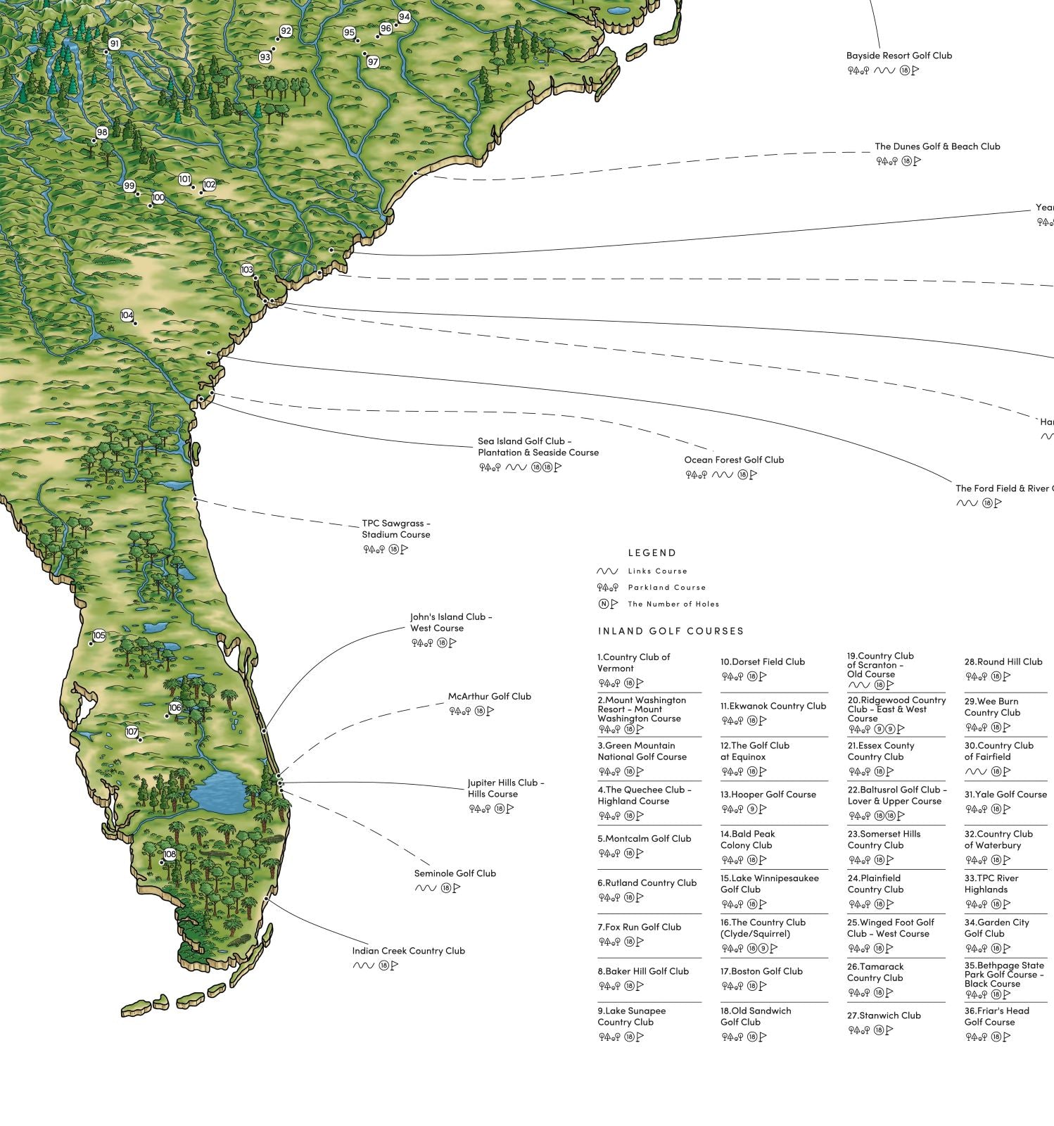 The US East Coast Golf Map - 108 Top Courses on a Hand-Drawn Map ...