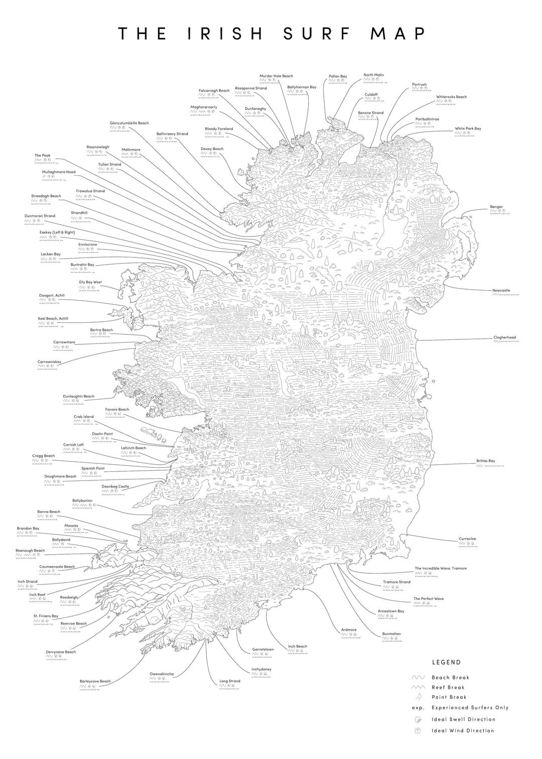 The Irish Surf Map - Minimalist Wall Print. 80 of the Best Surf Spots ...