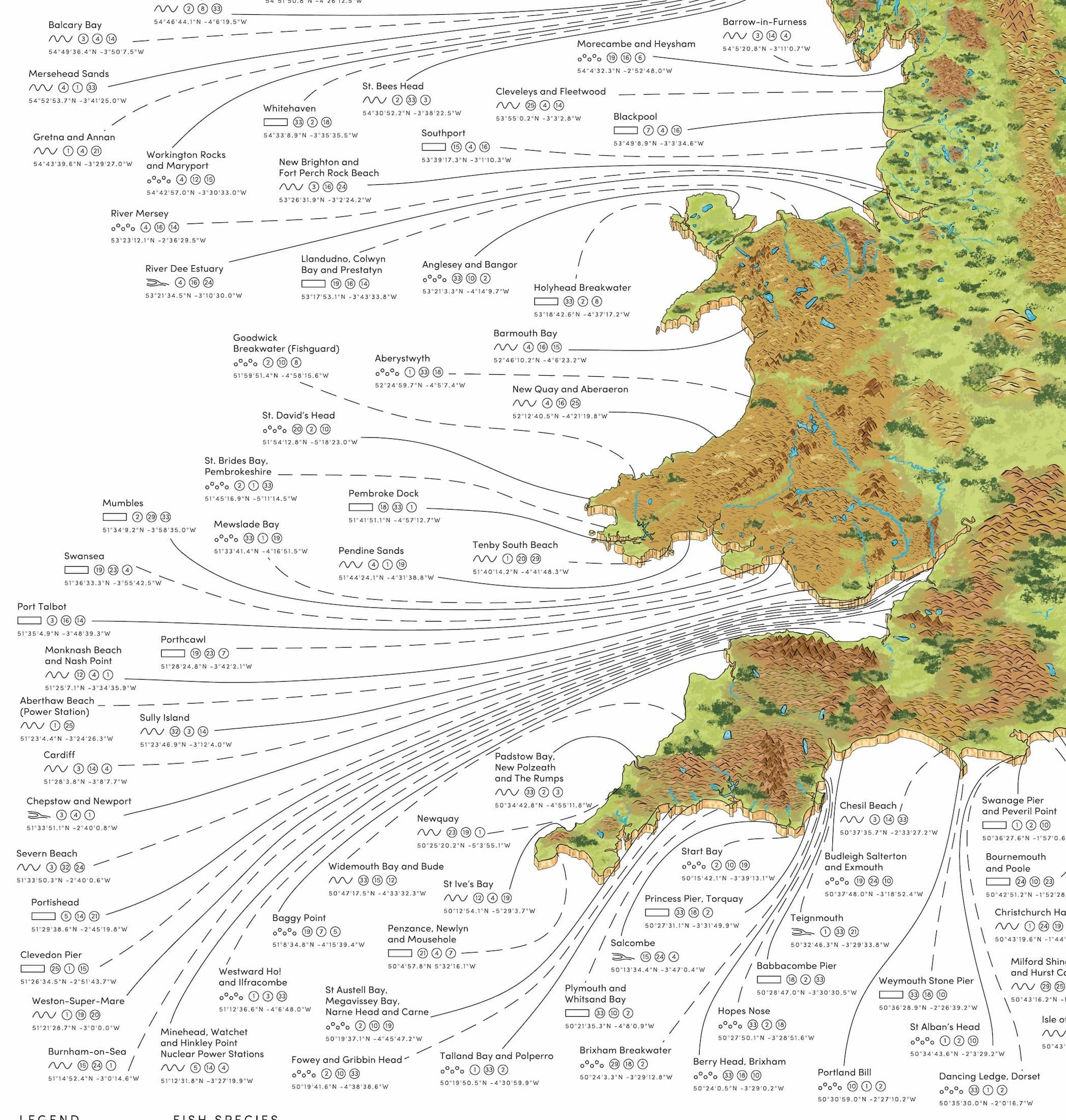 Shellfish Map Britain The British Sea Fishing Map - 236 Spots + Species + GPS. 1 Amazing Map ...