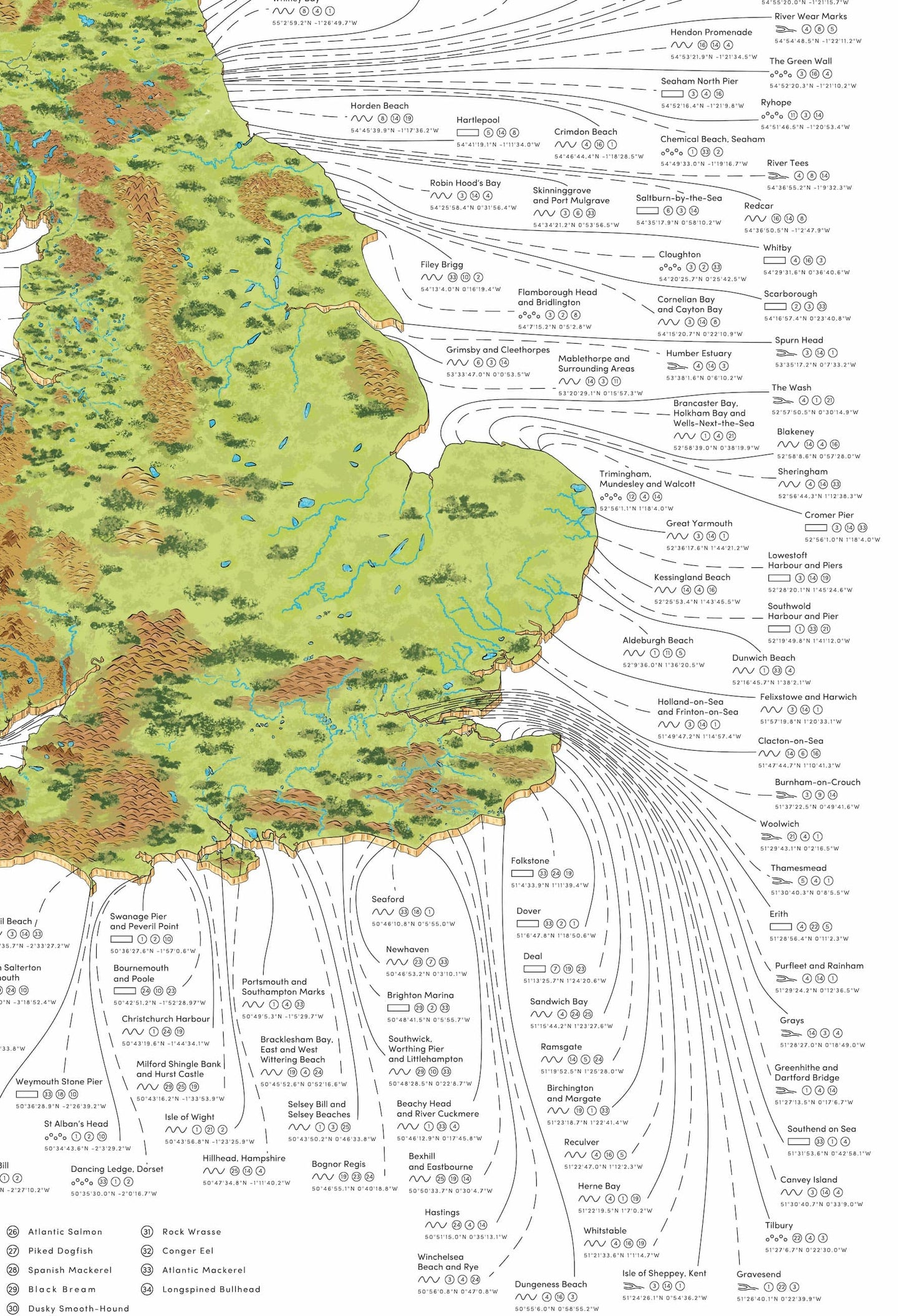 Shellfish Map Britain The British Sea Fishing Map - 236 Spots + Species + GPS. 1 Amazing Map ...