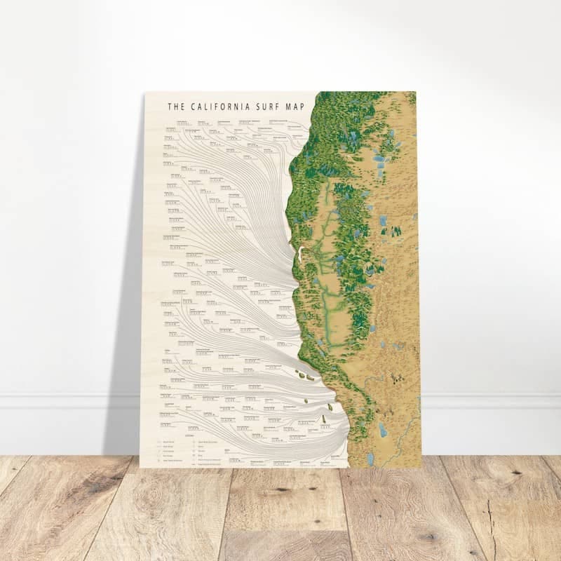The California Surf Wood Map Printed On 1/2 inch Thick Wood - Surf decor - Gift For Surfer - Surfing Wall Art - Wooden Surf Art