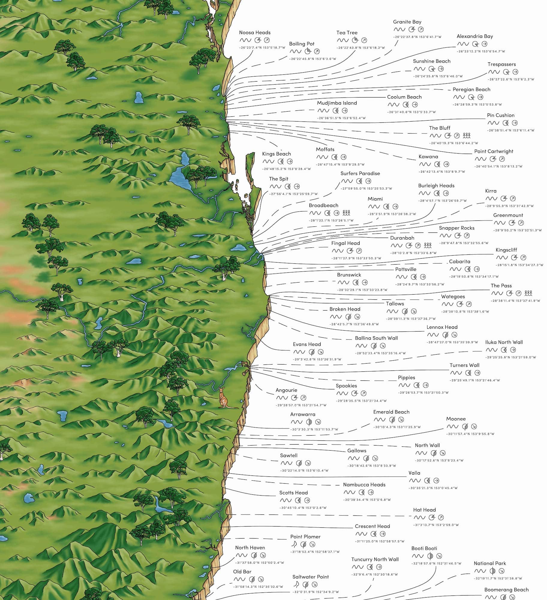 The Eastern Australia Surf Map - 182 Amazing Surf Spots with Key Info ...